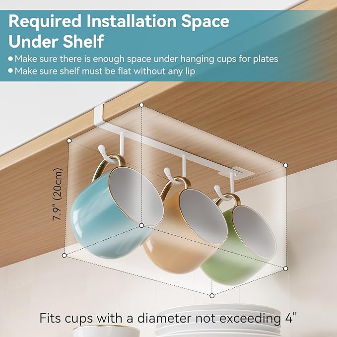 ECROCY Coffee Mug Holder Under Cabinet, 3pcs Coffee Cup Holder Only Fits Flat Shelf Without Any Lip, Clip-On Coffee Mug Organizer No Drilling Free Damage