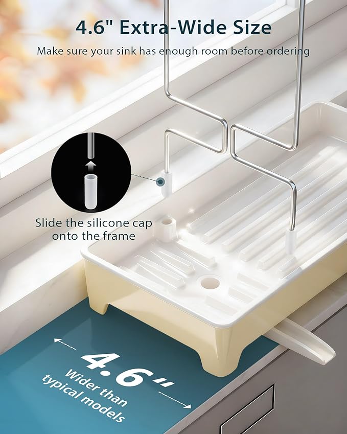Minimalist Sink Caddy, Rustproof Sponge Holder for Kitchen Sink with 304 Stainless-Steel Brush Holder, Countertop Rack Organizer with Raised Ridges & Silicone Drain Tube (Pastel Yellow, Large)