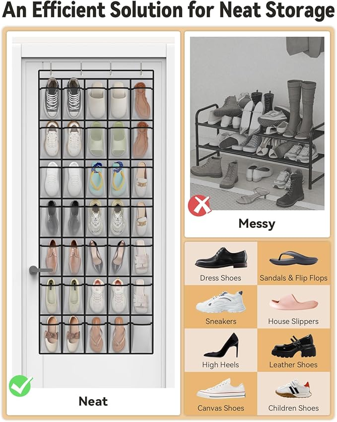 dodowin Over the Door Shoe Organizer Rack, 35 Large Breathable Mesh Pockets, Foldable Hanging Storage Holder for Closet Door, Space Saving Shoe & Accessory Organizer with 4 Metal Hooks, Gray
