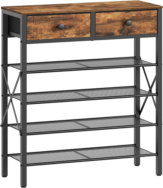 YATINEY 5 Tier Shoe Rack, Large Capacity Shoe Storage Organizer, Metal Shoe Shelf with Drawer and Wooden Top, for 20 Pairs of Shoes, for Entryway, Closet, Rustic Brown and Black SS25BRY1N1
