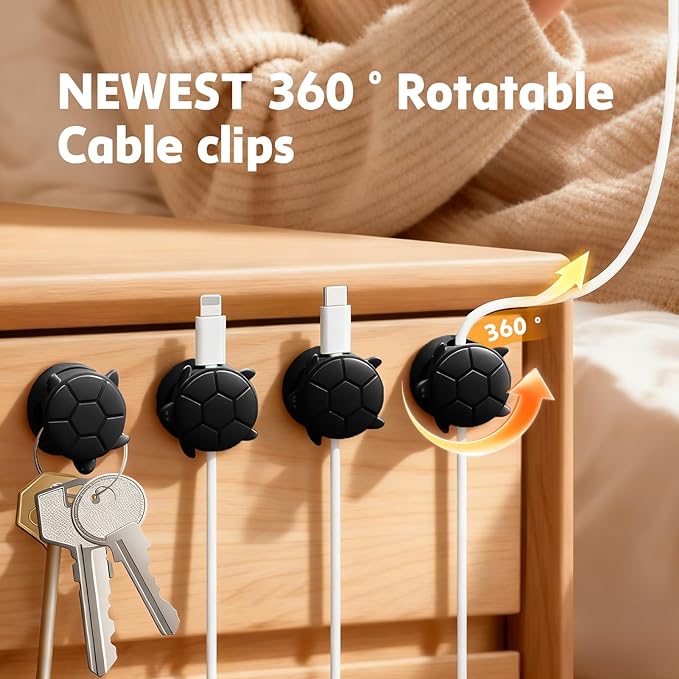 Lancord 8 Pack Rotatable Cable Clips, Cord Organizer Spring Clip Cord Holder for Nightstand Charging Cable Management Clips for Desk Office Car Wall (Black)
