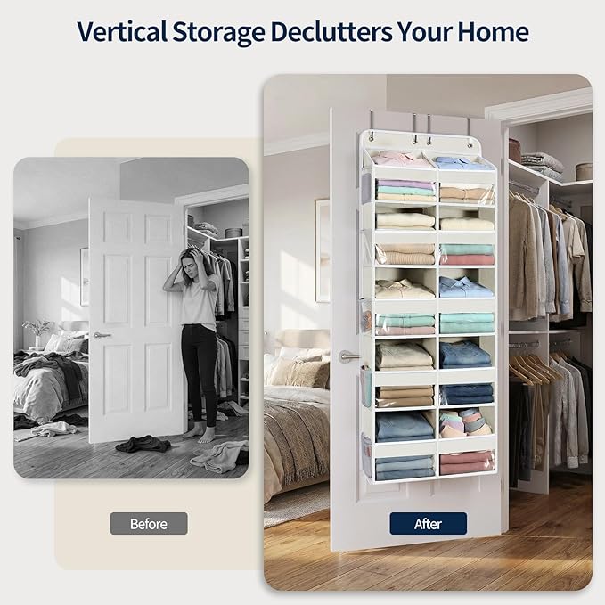 Yecaye Over The Door Organizer, 5 Tier Extra Large Behind Door Storage of 10 Compartments, 80lbs Heavy Duty Door Organizer Hanging with Clear Window for Closet Bedroom Pantry Bathroom, Beige
