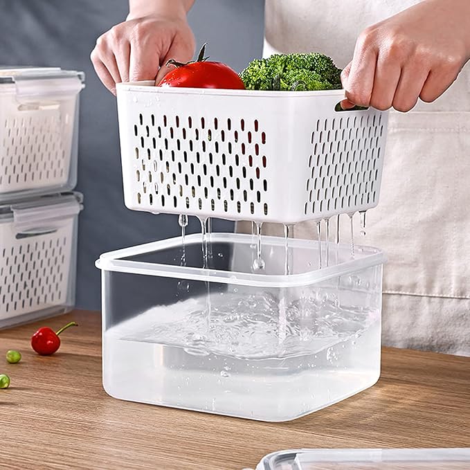 4 Pack Large Fridge Food Storage Container Set with Lids with Strainer, Fruit Vegetable Storage Containers Keep Fruits, Vegetables, Berry, Meat Fresh longer , BPA-Free Plastic Produce Keepers