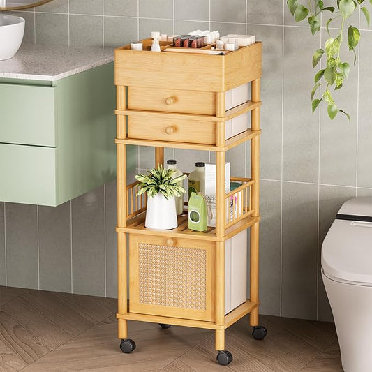 Bamboo Makeup Organizer Cart with 3 Drawers, Perfume and Hair Tools