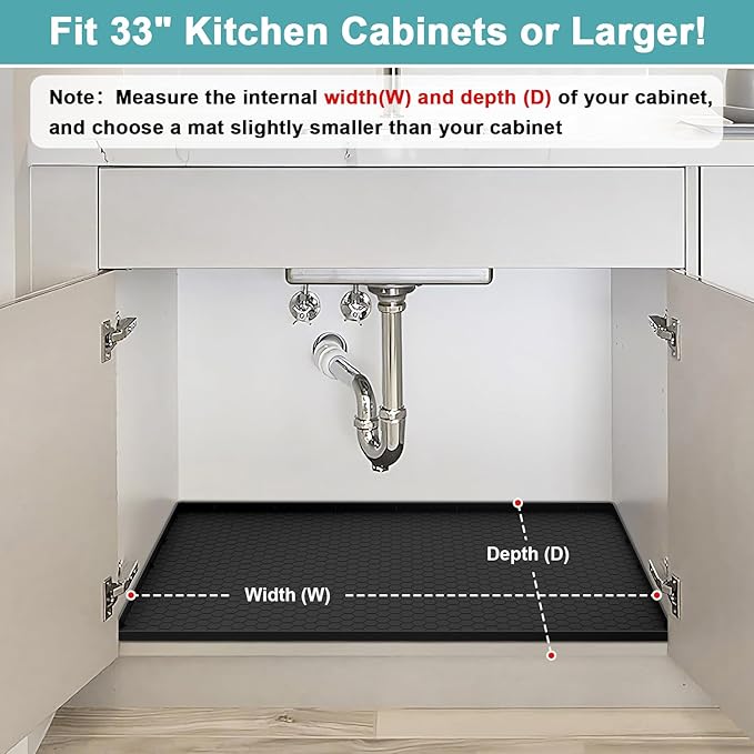 Undersink Waterproof Mat 31" x 19", Silicone Under Kitchen Sink Mat with Raised Edges, Under The Sink Organizer for Kitchen and Bathroom Leak Protection Black
