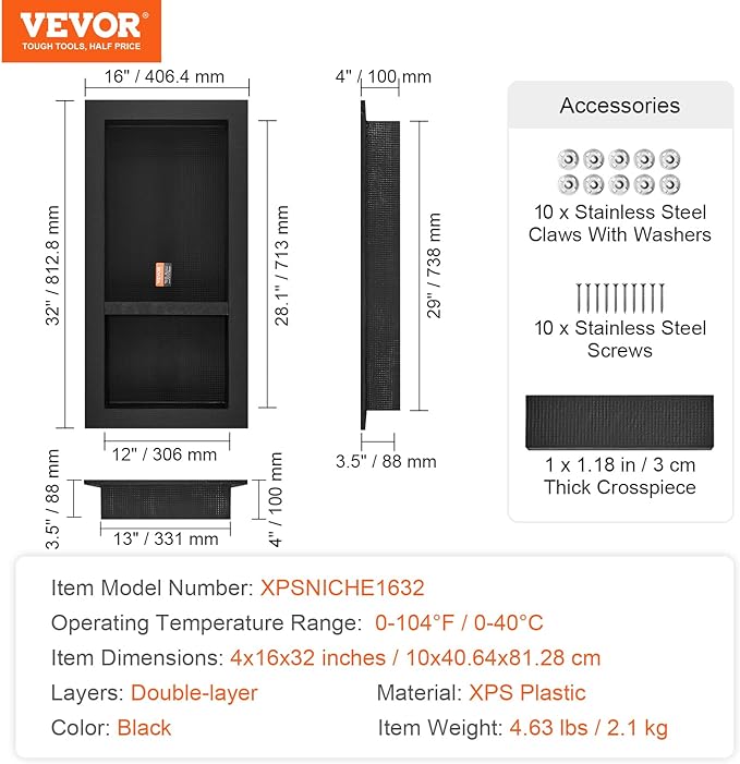 VEVOR Shower Niche Ready for Tile 16" x 32", Double Shelf Organizer, Square Corners Wall-inserted Niche Recessed, Sealed Protection Modern Soap Storage Niche for Shower Bathroom, Black