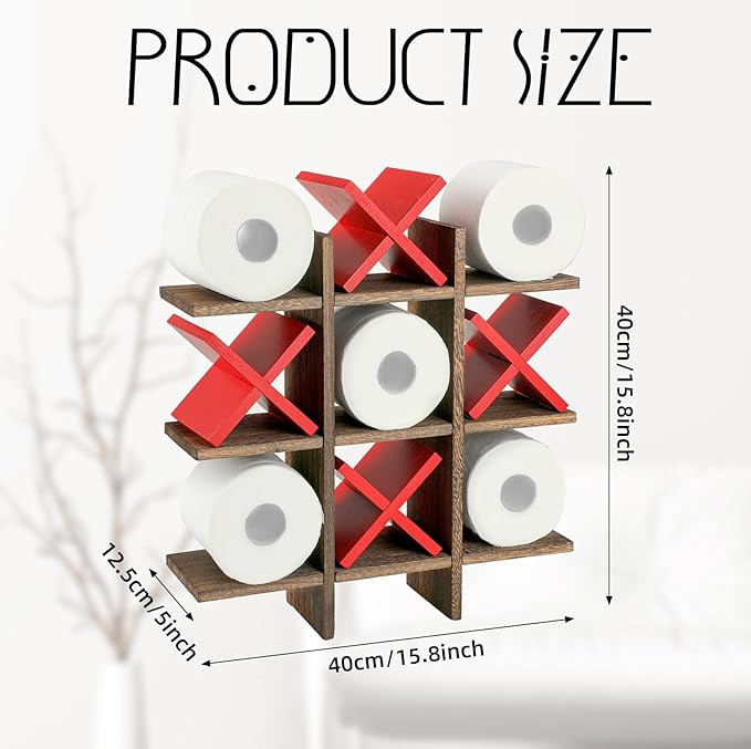 Weysat Tic Tac Toe Toilet Paper Holder Stand Bathroom Wall Decor Rustic Wooden Hanging Storage Freestanding Wall Mounted Shelves Decor for Toilet Tissue Farmhouse