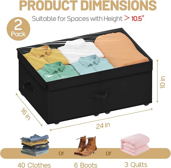 Large Under Bed Storage with Wheels, 10" Height Rolling Underbed Storage Containers Bins with Lid, Deep No-Assembly Under Dorm Bed Storage Drawers for Shoes, Clothes, Blankets (2 Pack, Black)