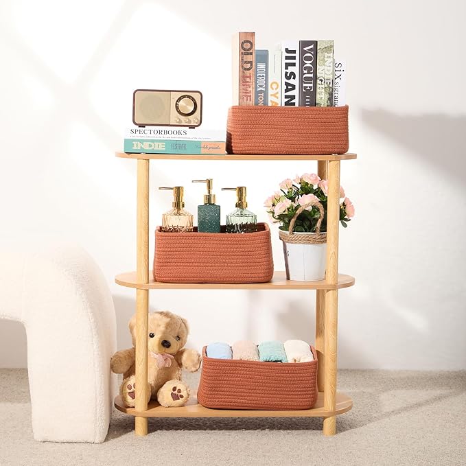 MiniArk Small Storage Baskets for Organizing | Closet Organizer Bins | Shelf Toy Basket | Woven Rope Baskets | Cube Decorative Box | Shallow Basket | 11.5x7.5x4.7” | 3 Packs Oxide Red