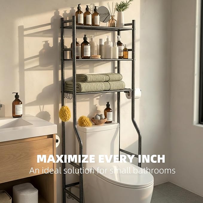 GloTika 3-Tier Over Toilet Storage with Anti-Tilt Safety System - 150lb Total Capacity Metal Bathroom Shelves Including Paper Holder & 4 Hooks, Space Saving Above Commode Organizer (64" H, Snow Black)