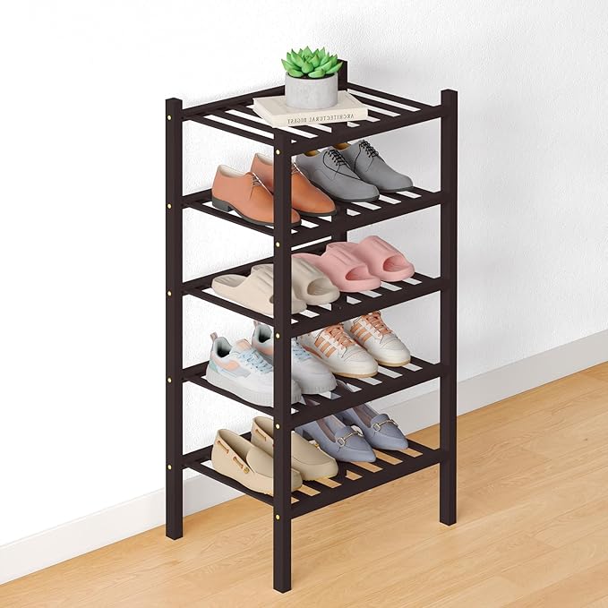 Bamboo Shoe Rack for Closet, 5 Tier Small Wooden Shoe Organizer, Brown