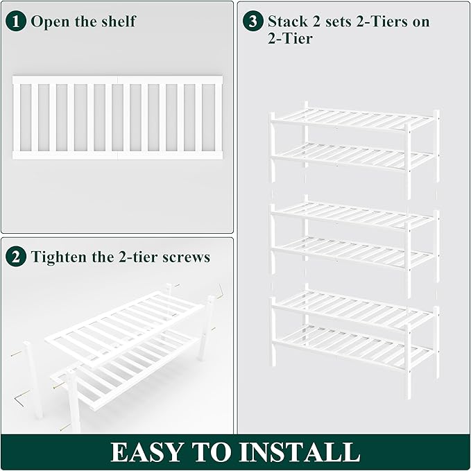 Smiry Bamboo Shoe Rack, 6 Tier Free Standing Wooden Shoe Organizer, Stackable Wood Shoe Storage Shelf for Closet, Entryway, 14 Vertical Slats, 2+2+2 Stack Heavy-Duty Legs, 26.8"x11"x39", White