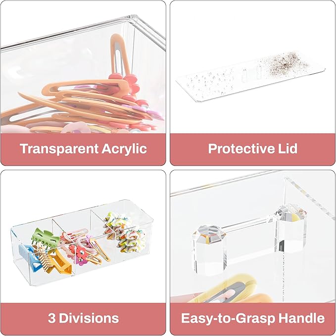 Hair Accessories Organizer for Girls, Clear Hair Bow Tie Clip Scrunchie Holder Organizer with Removable Divider, Cute Small Stackable Storage Drawer Container Caddy Box, Kids Women Vanity Accessories