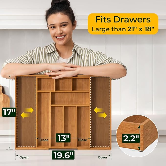 6-Piece Bamboo Drawer Organizer Set, 2.2" Deep Multi-Use Organizers for Utensils
