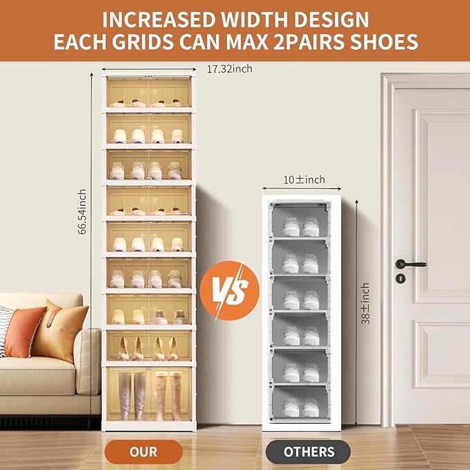 CIMLORD 9-Tier Foldable Shoe Rack Organizer for Closet 18Pairs Plastic Shoe Shelf Collapsible Shoes Storage Box Clear Shoe Boxes Stackable with Door Easy Assembly Shoe Cabinet with Lids Large