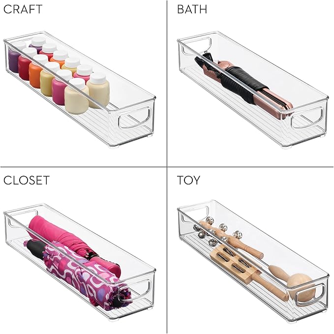 iDesign Slim Clear Plastic Storage Bin, Extra Long Narrow Stackable Organizer for Kitchen and Pantry, 4-Pack