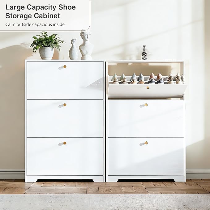 Nicetree Shoe Cabinet with 3 Flip Drawers, Narrow Shoe Organizer Cabinet, Freestanding Shoe Rack Cabinet, Modern Shoe Storage Cabinet for Entryway, Hallway, Foyer, White with Hook
