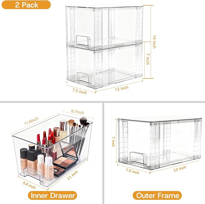 2 Pack Stackable Acrylic Storage Drawers – Clear Plastic Organizer Bins, Easy to Assemble, Suitable for Bathroom, Undersink, Kitchen, Pantry, Makeup, Medicine Organization