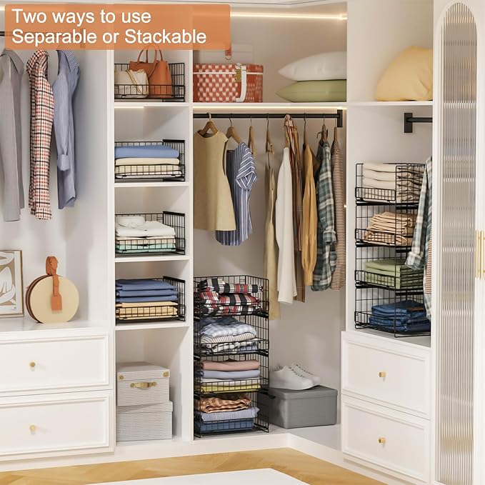 Hongtamoya 4-Tier Sliding Closet Organizers and Storage Shelves, Stackable Closet Shelf Organizer Basket Bins, Drawer Shelf Storage Container for Wardrobe Cupboard Kitchen Bathroom Office, Black