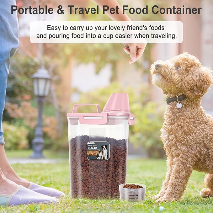 Dog Cat Food Storage Container 3-5lb, Pet Food Container Airtight with Large Spout & Cup, BPA-Free Plastic Food Dispenser for Pet Food, Bird Seed, Rice, Flour (Pink (3L-1pack))