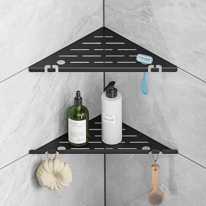 Permanent Grout-in Corner Shower Shelves with Hooks