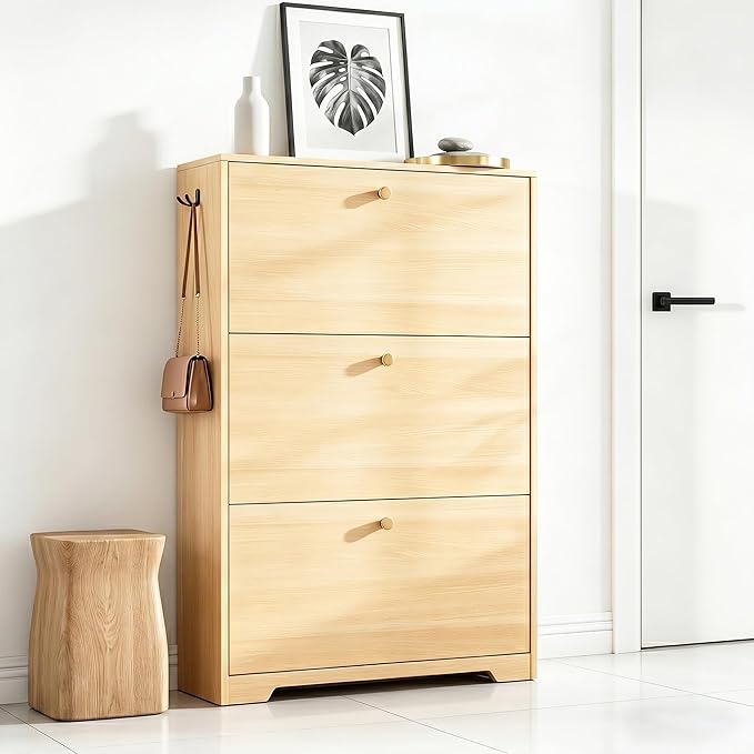 Nicetree Shoe Cabinet with 3 Flip Drawers，Freestanding Shoe Storage Cabinet, Narrow Shoe Organizer Cabinet, Farmhouse Slim Shoe Rack Cabinet for Entryway,Natural Oak with Hook
