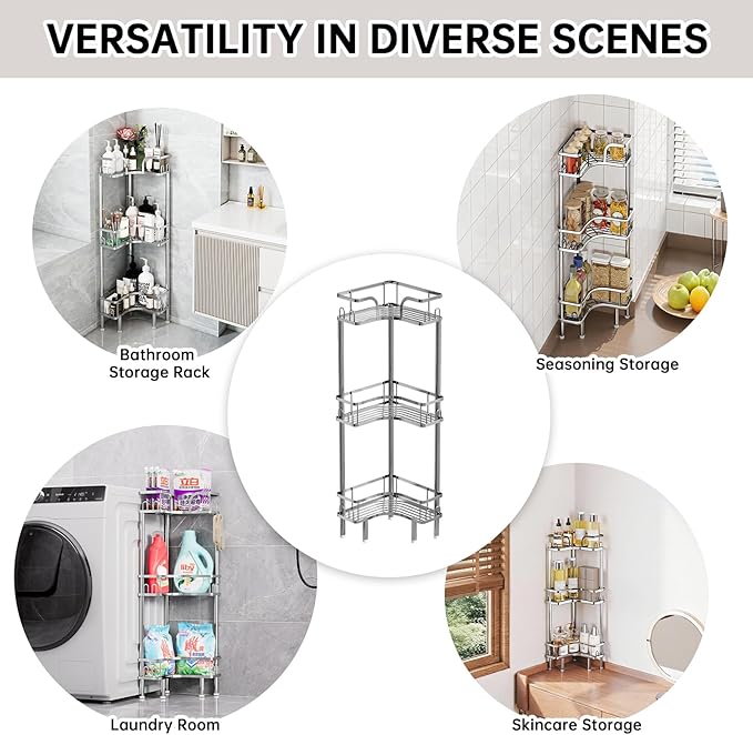 Standing Shower Corner Caddy, 3-Tier Stainless Steel Material Shower Organizer with 12 Hooks - Space Saving Corner Shelf with Adjustable Feet for Bathroom, Compact Spaces(Sliver, 3 Tiers)