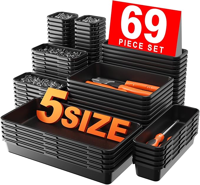 【More Larger Size】A-LUGEI【69 PCS-5 Size】 Tool Box Organizer Tray Divider Set【Black】 Desk Drawer Organizer Bin, Socket Organization and Storage Toolbox for Rolling Tool Chest Cart WorkBench Part Widget