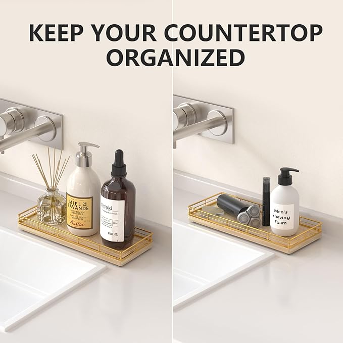 Bathroom Tray for Counter Top Organizer, Gold & Oak Decorative Storage