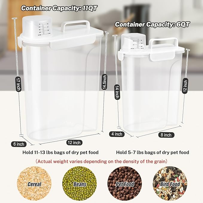 Airtight Pet Food Storage Container 5+10 Lbs 2 Pack, BPA-Free Dog Cat Food Dispenser with Measuring Cup & Large Spout, Leakproof Food Bin for Bird Seed, Rice, Flour, Kitchen Dry Goods
