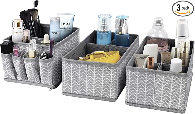 Cosmetic Storage Bins Makeup Organizer, Adjustable Multifunction Storage Box Desk Drawer Divider for Makeup Brushes, Bathroom Countertop or Dresser, Set of 3 (Grey)