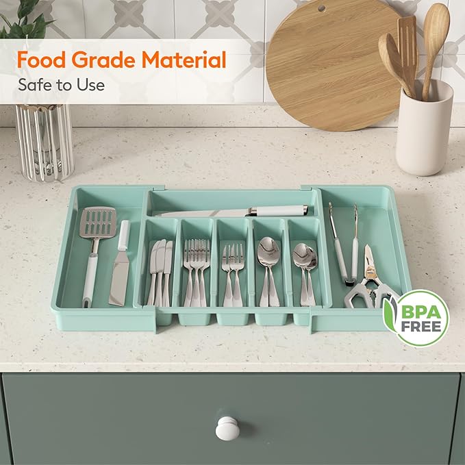 Silverware Drawer Organizer, Expandable Utensil Tray for Kitchen, Turquoise