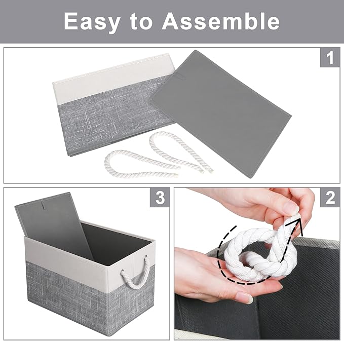 Fab totes Storage Bins 6-Pack, Foldable Storage Baskets for Organizing Toys, Books, Shelves, Closet, Large Storage Box with Rope Handles, Sturdy Organizer Bins, White & Grey