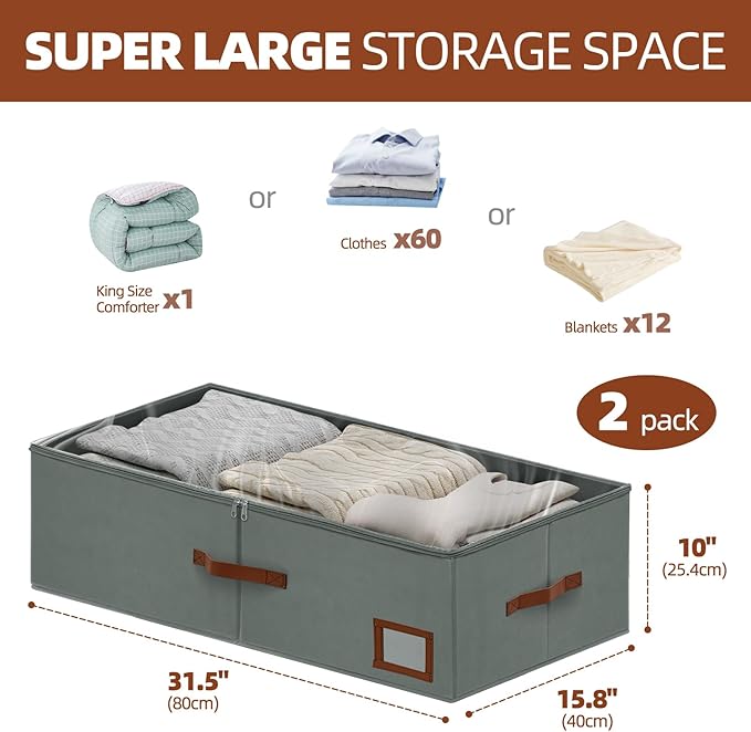 10 Inch Under Bed Storage Containers, 2 Pack Large Underbed Storage Bins w/Clear Lid & Sturdy Sidewall, Foldable Closet Organizer for Dorms, Bedroom, Clothes, Shoes, Bed Sheets, Blankets (Grey)