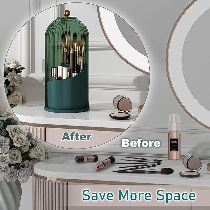 GAXmi Makeup Brush Holder with Lid Cosmetic Tools Organizer 360 Rotating Waterproof Dustproof Beauty Brushes Storage for Vanity, All Green | with Lid