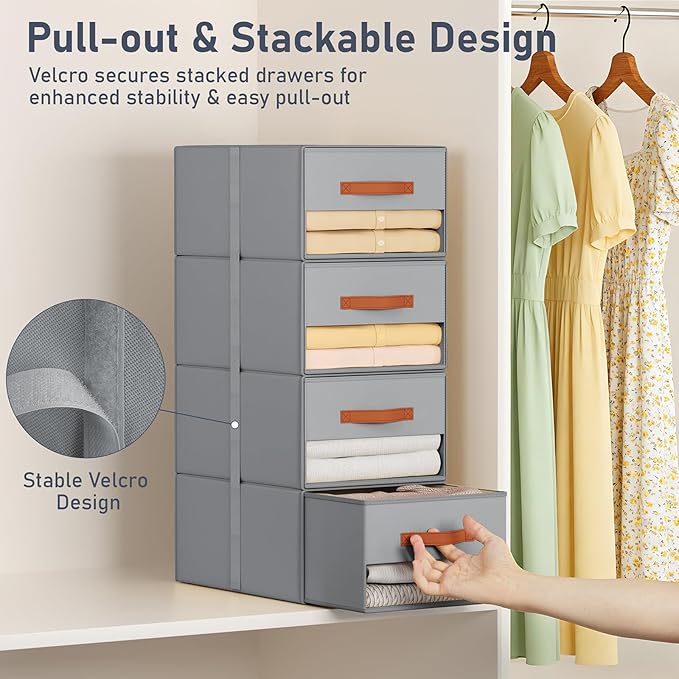 DIMJ Closet Organizers and Storage - Pull-out Fabric Bins with Drawers for Closet Foldable Clothes Organizers with Clear Window, Stackable Storage Drawers for Bedroom,Living Room,Shelf,6-Pack, Grey
