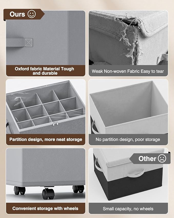 HOUSE AGAIN Shoe Organizer for Closet, Shoe Storage Organizer with Wheels, Foldable Shoe Storage Box with Adjustable Dividers and Clear Cover, Reinforced Handles, Fits up to 16 Pairs, Gray