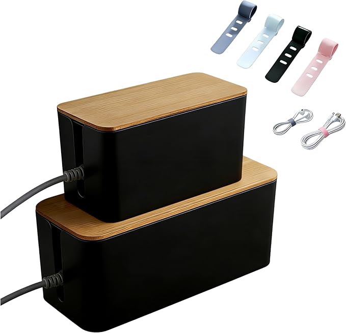 1Large+1Small Cable Organizer Set with 4 Silicone Cable Ties, 2-Piece Cable Management Box, Bamboo Lid Cord Organizer for Home Office,Set of Two Cable Box,Cable Organizer Box(Bamboo lid/Black)