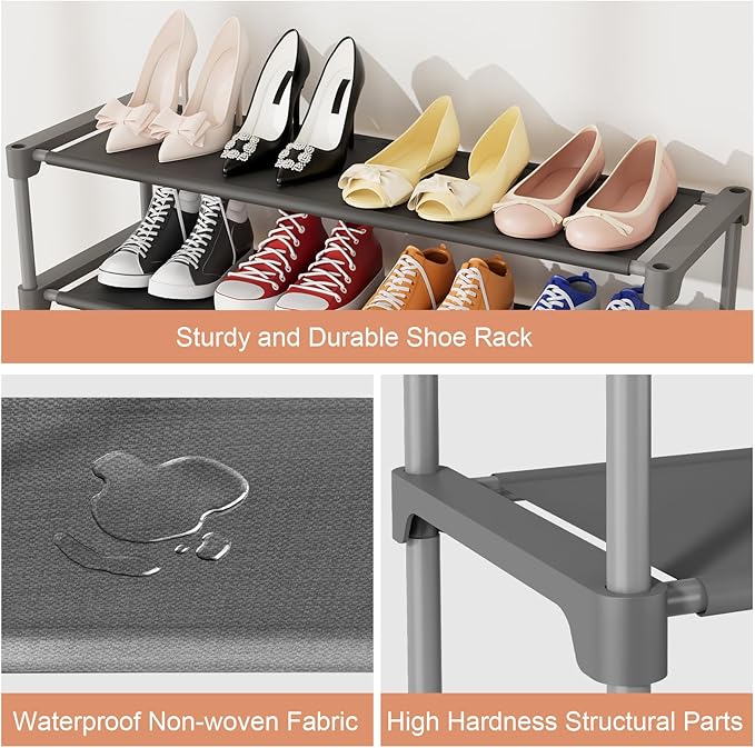 34" Widening Design Shoe Rack for Closet 16 Pairs Small Spaces Non-Woven 3 Tier Shoe Organizer Stackable Metal Shoe Shelf for Entryway, Bedroom Grey