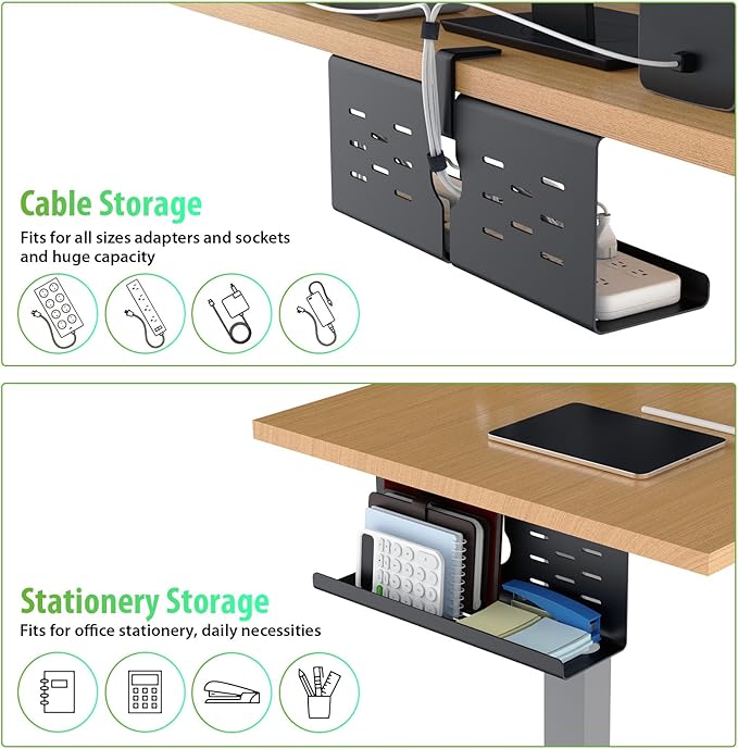 KEEGH 16" Under Desk Cable Management Tray, No Drill Clamp Mount, Desk Cord Organizer Upgrade Capacity, Cord Management Tray for Home Office, Gaming Desk, Standing Desk, Black, 2 Pack