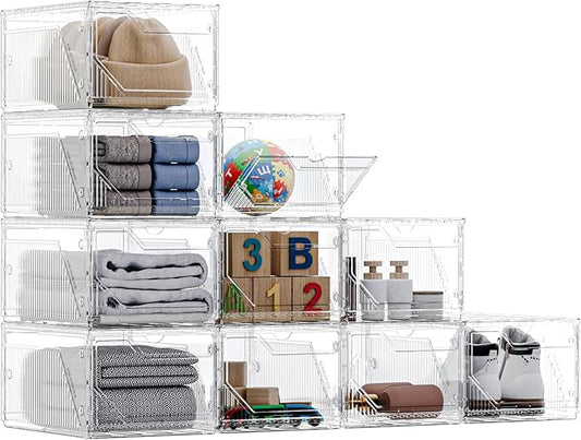 10 Pack Upgraded XX-Large Closet Organizers and Storage with Magnetic Door, New structure is more stable, Thicken & Sturdy Clear Stackable Interconnectable Shoe Box for Entryway, Under Bed