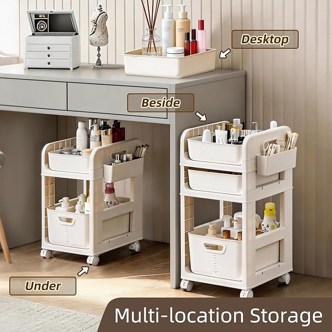 Rolling Makeup Organizer Cart with Removable Drawer, 3 Tier Stable White Floor Skincare Storage Cart for Vanity, Cosmetic Display, Nail Polish, Perfume, Hair Stuff, Beauty, Bathroom (3 Tier White)