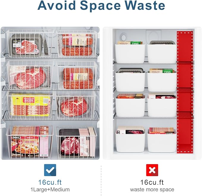 iSPECLE Freezer Organizer Bins - 4 Pack Upright Freezer Baskets for 17/21 Cu.Ft Stand Up Freezer, Wire Storage for Reach-In Freezer, Slide-Out Access, Prevents Items Falling, 2 Large 2 Medium, White