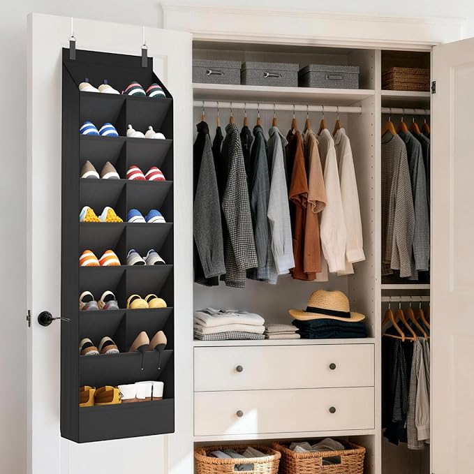 8 Tier Over the Door Shoe Organizer with 15 Large Deep Pockets, Black
