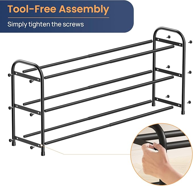 ENJOYBASICS 3 Tier Expandable Shoe Rack for Closet, Free Standing Metal Shoe Shelf Storage Organizer Holder 12 Pairs, Adjustable Width Shoe Rack for Entryway Small Space, Black | Adjustable