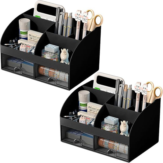Desk Organizer with 6 Compartments and 2 Drawers, Office Supplies Black-2Pack