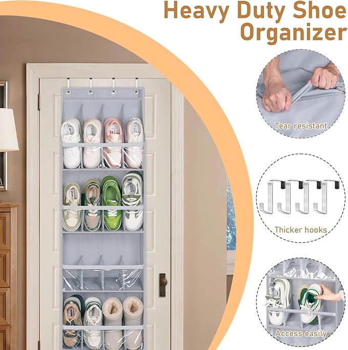 MISSLO 20 Pairs Over the Door Shoe Organizer for Closet Narrow Hanging Shoe Rack for Door Hanger Deep Pocket Door Shoe Holder Storage for Boots, Size 13 Sneakers, Grey