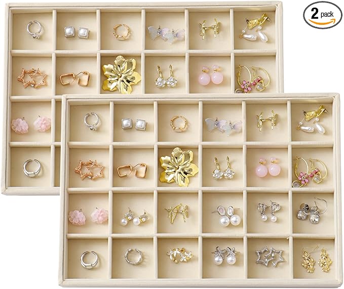 Large Velvet Jewelry Tray 2 Pack Stackable Jewelry Display Drawer Inserts Trays Organizer for Earring Bracelet Necklace Ring (Beige, 24 Grids)