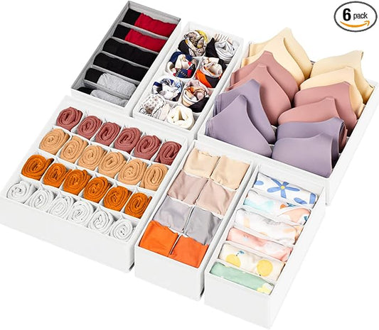 6 Pack Sock Underwear Drawer Organizer Dividers, White