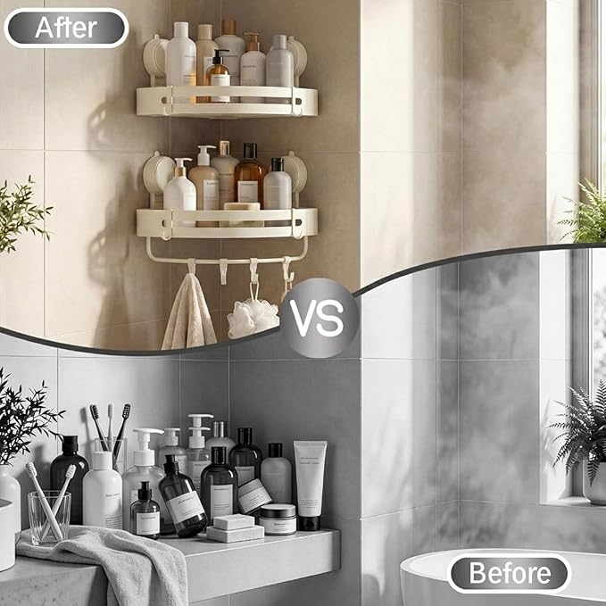 Suction Cup Shower Caddy(2-Pack Cream White),Single 1.77 Inches High No-Drilling Aluminum Bathroom Organizer with Towel Bar & Hooks,Moder wall Shower Shelf and Storage Decor
